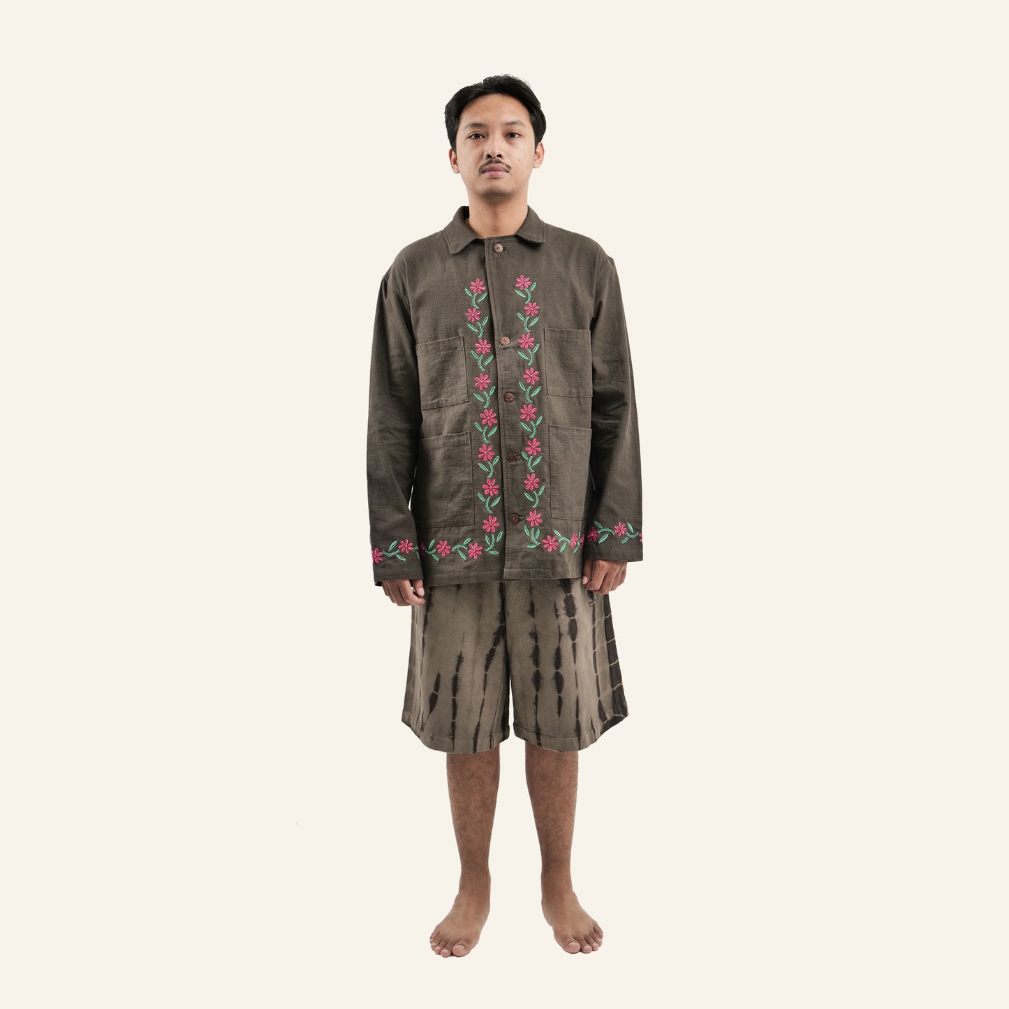 Embroidered Long Sleeve Shirt (Olive)