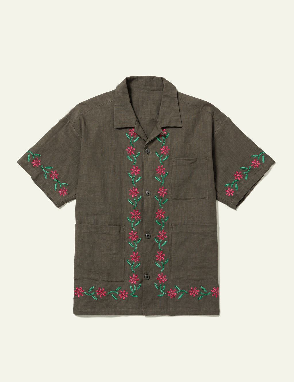 Embroidered Short Sleeve Shirt (Olive)