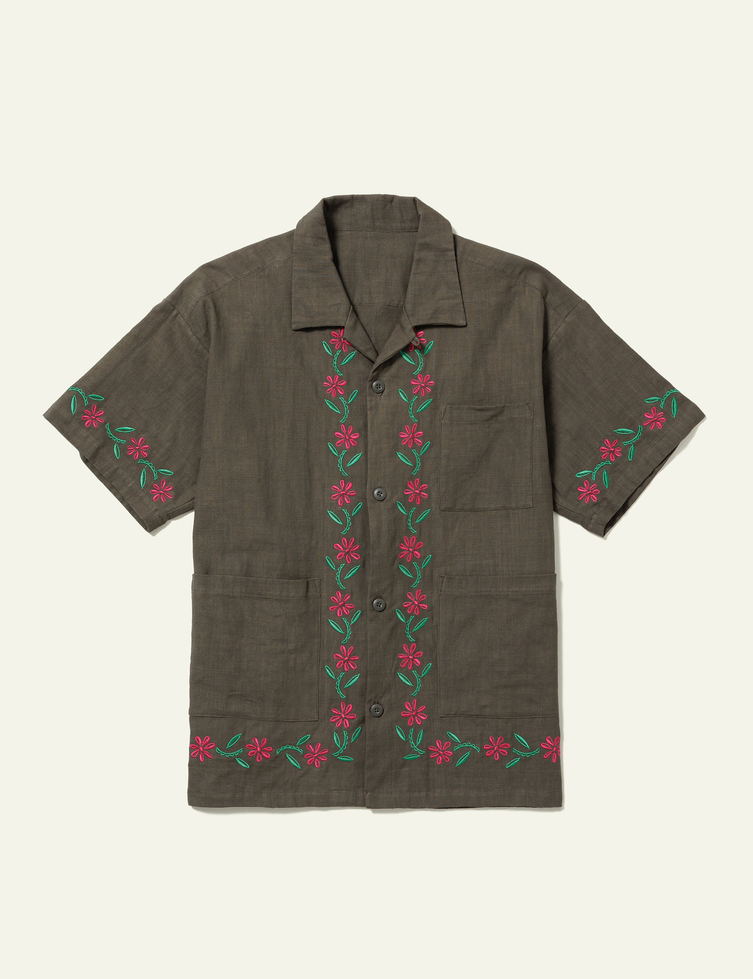 Embroidered Short Sleeve Shirt (Olive)